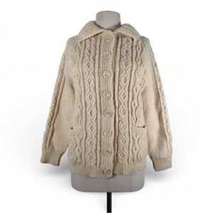 Women’s XS Small Handmade Knit Wool Cardigan Chunky Fisherman Sweater Cream